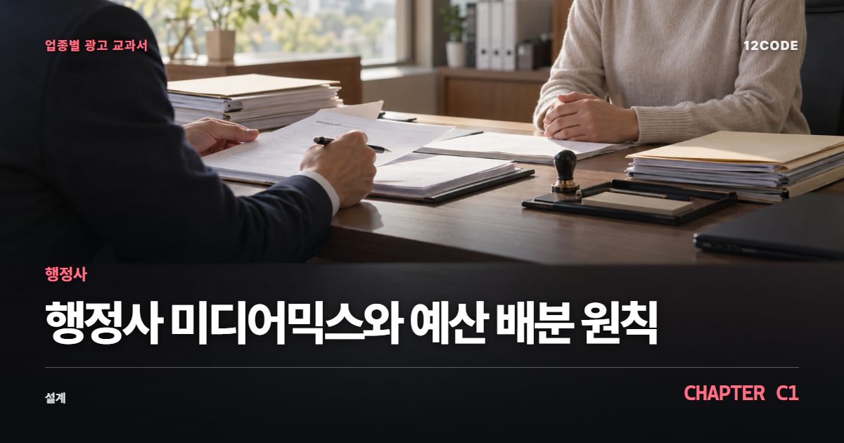 행정사 업종별 광고 교과서 C1장, 미디어믹스와 예산 배분 원칙을 안내하는 표지 이미지