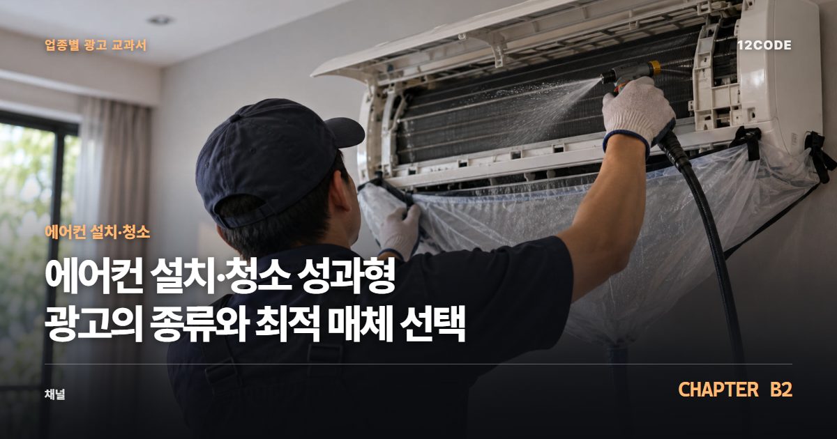 에어컨 설치·청소 업종별 광고 교과서 B2장, 성과형 광고의 종류와 최적 매체 선택을 안내하는 표지 이미지