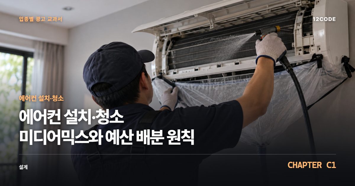 에어컨 설치·청소 업종별 광고 교과서 C1장, 미디어믹스와 예산 배분 원칙을 안내하는 표지 이미지