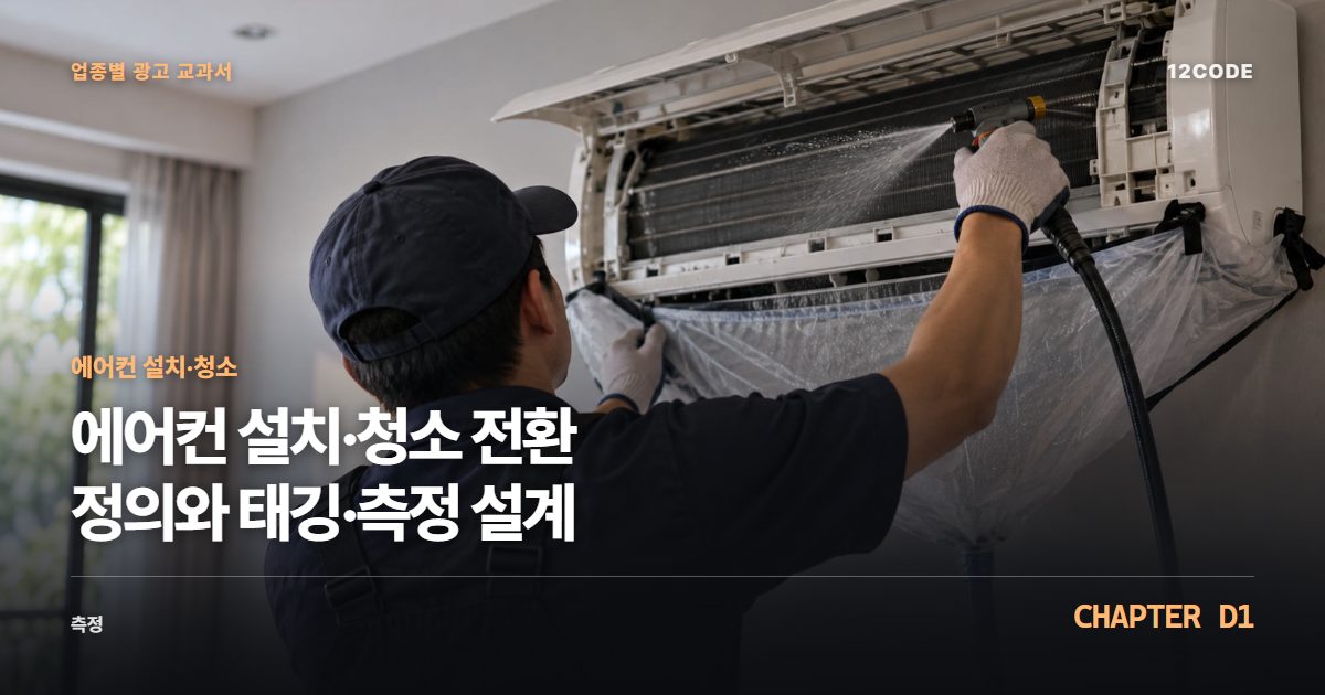 에어컨 설치·청소 업종별 광고 교과서 D1장, 전환 정의와 태깅·측정 설계을 안내하는 표지 이미지