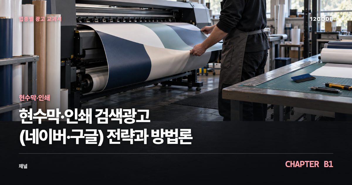 현수막·인쇄 업종별 광고 교과서 B1장, 검색광고(네이버·구글) 전략과 방법론을 안내하는 표지 이미지