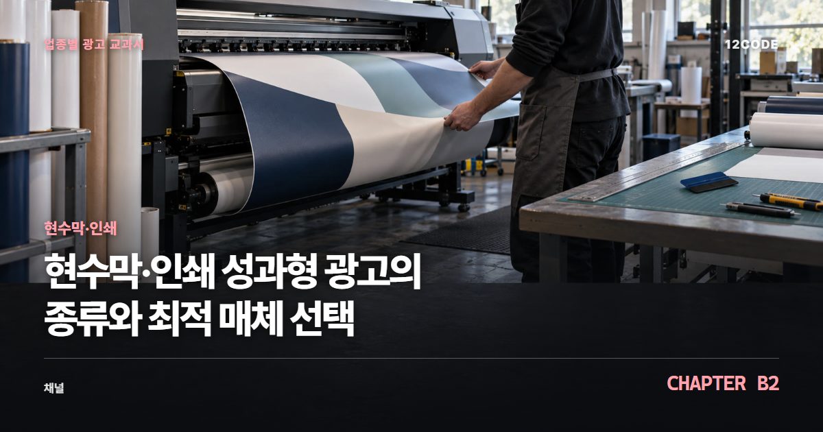 현수막·인쇄 업종별 광고 교과서 B2장, 성과형 광고의 종류와 최적 매체 선택을 안내하는 표지 이미지