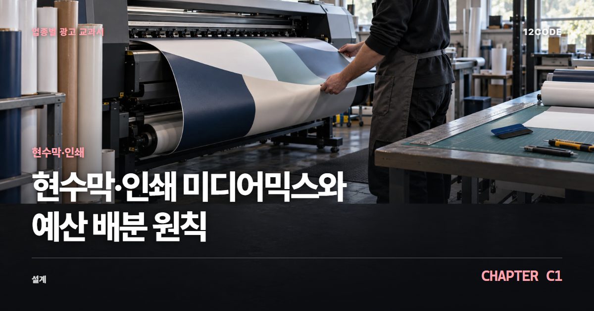 현수막·인쇄 업종별 광고 교과서 C1장, 미디어믹스와 예산 배분 원칙을 안내하는 표지 이미지