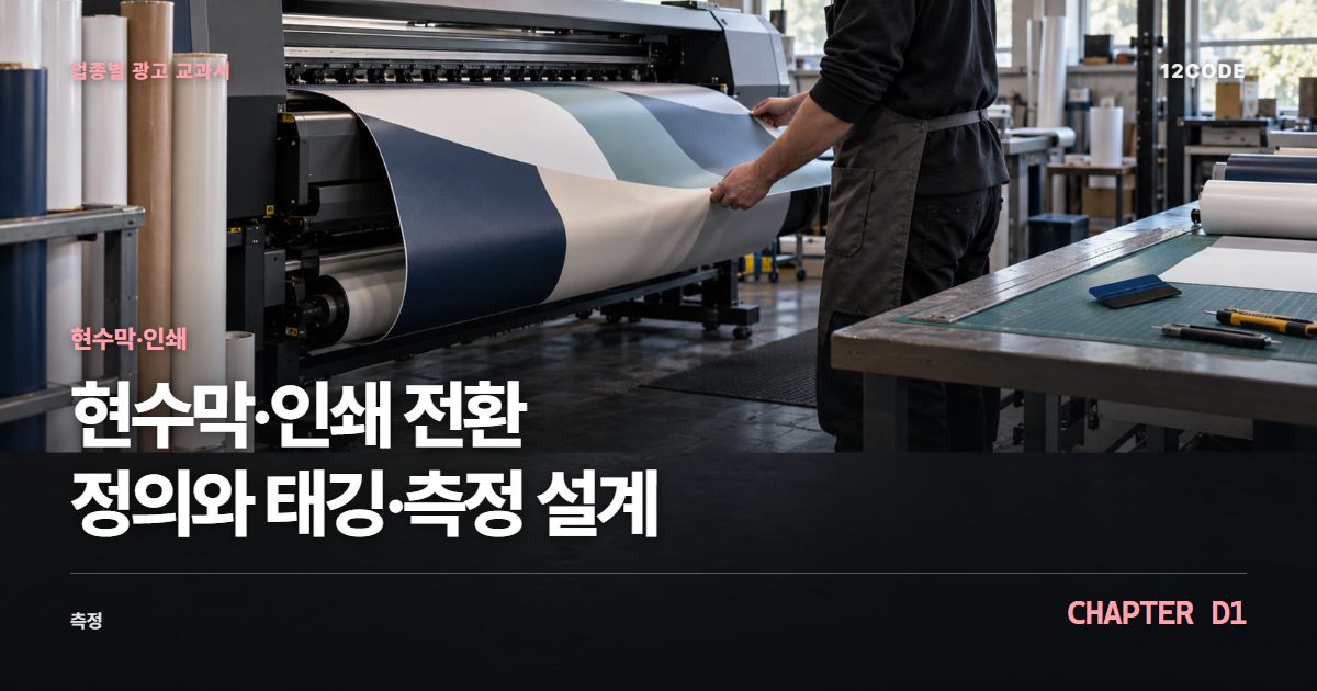 현수막·인쇄 업종별 광고 교과서 D1장, 전환 정의와 태깅·측정 설계을 안내하는 표지 이미지