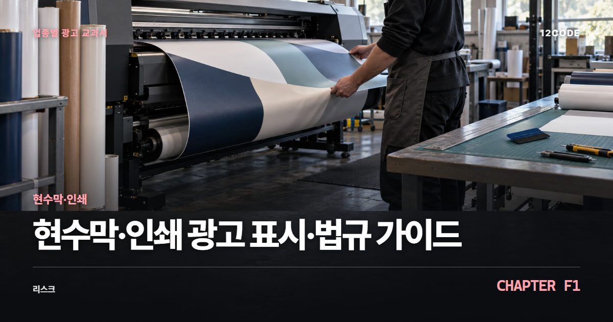 현수막·인쇄 업종별 광고 교과서 F1장, 광고 표시·법규 가이드을 안내하는 표지 이미지