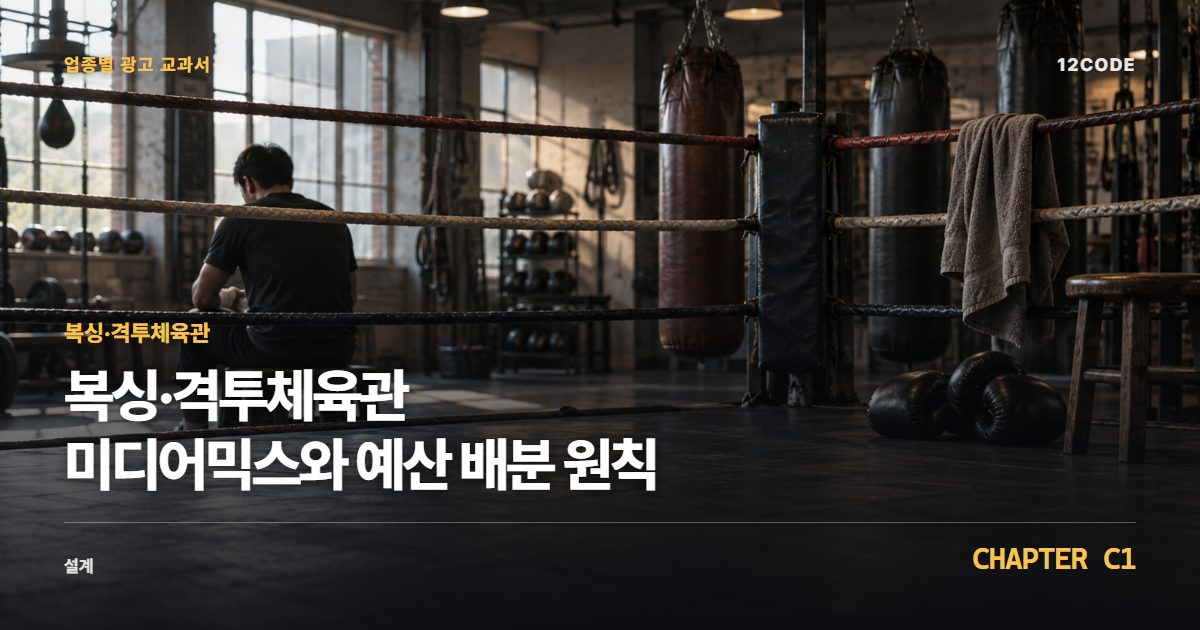 복싱·격투체육관 업종별 광고 교과서 C1장, 미디어믹스와 예산 배분 원칙을 안내하는 표지 이미지
