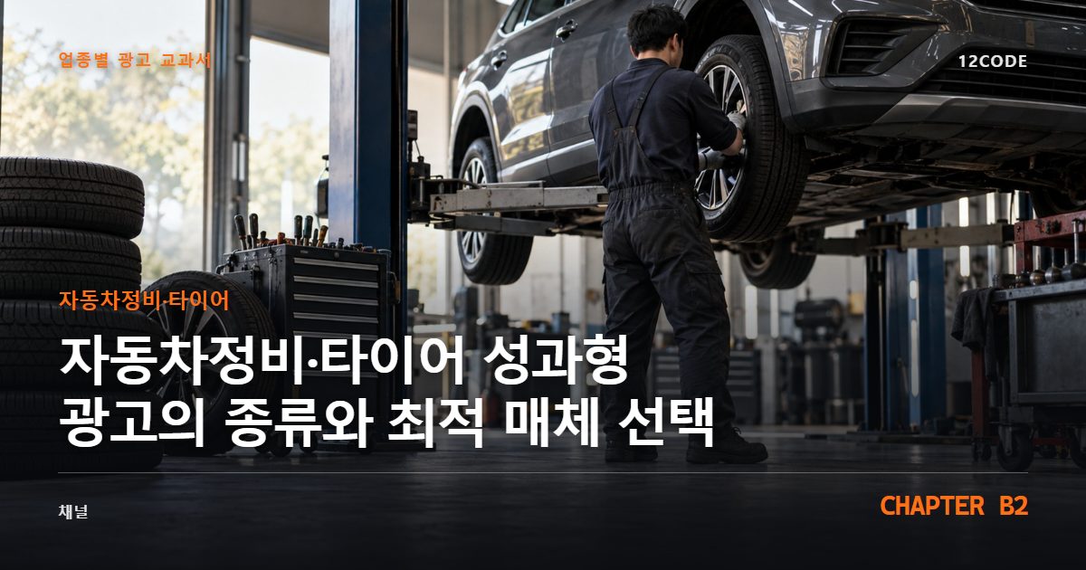 자동차정비·타이어 업종별 광고 교과서 B2장, 성과형 광고의 종류와 최적 매체 선택을 안내하는 표지 이미지