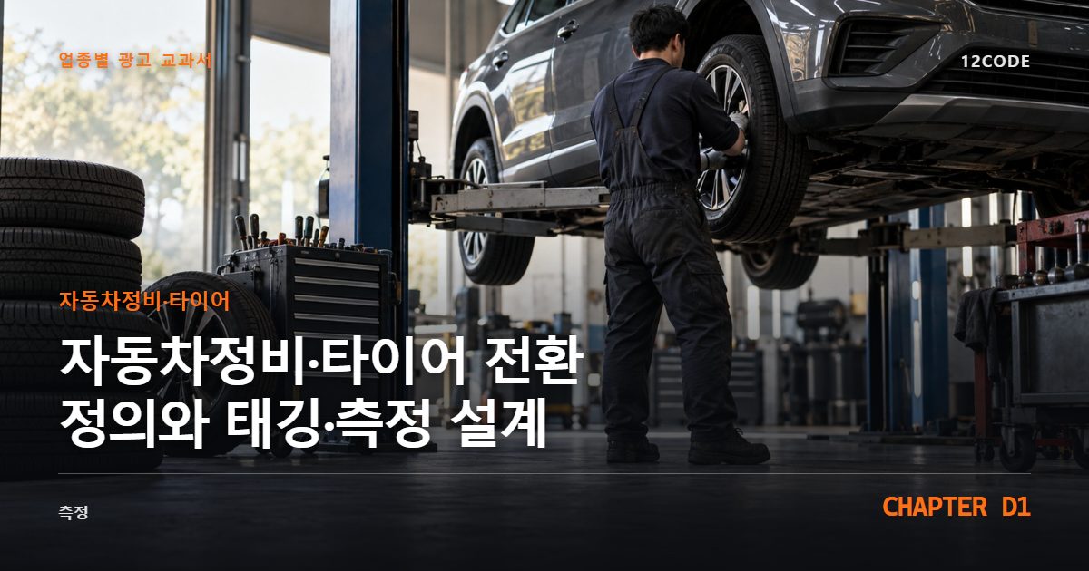 자동차정비·타이어 업종별 광고 교과서 D1장, 전환 정의와 태깅·측정 설계을 안내하는 표지 이미지