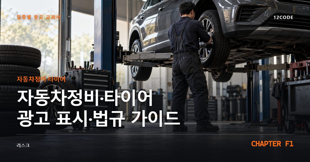 자동차정비·타이어 업종별 광고 교과서 F1장, 광고 표시·법규 가이드을 안내하는 표지 이미지