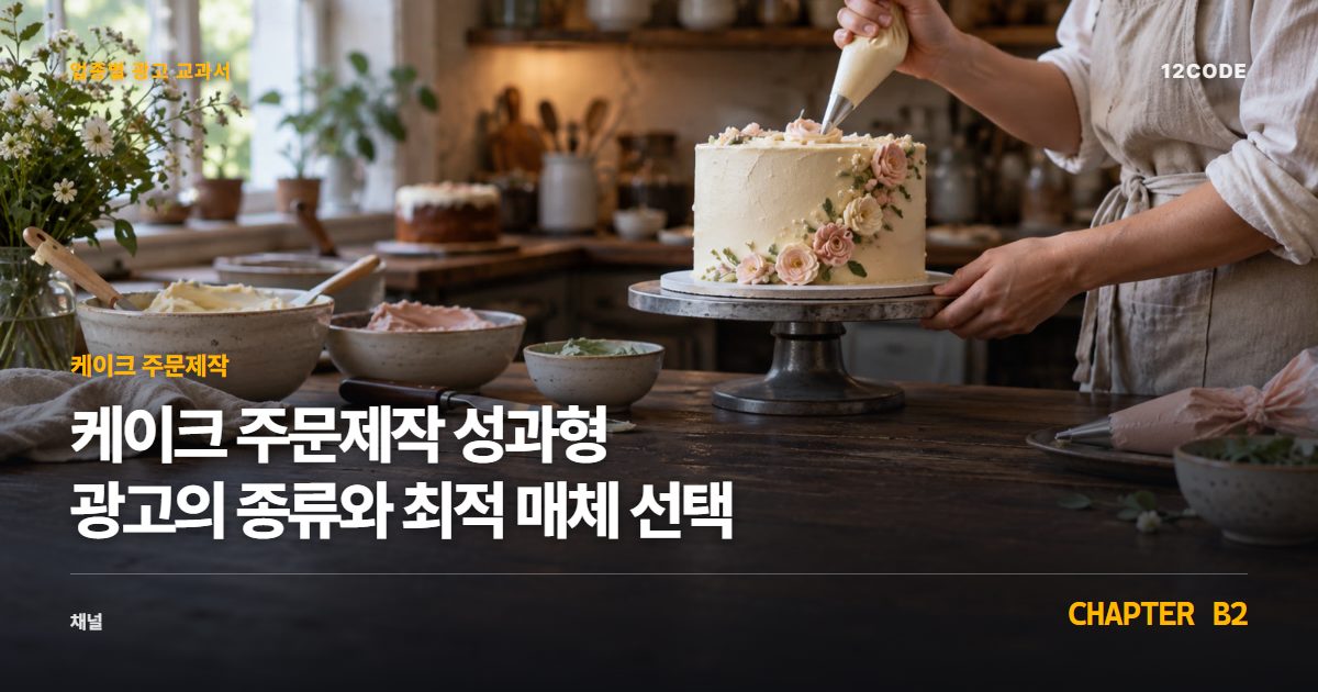 케이크 주문제작 업종별 광고 교과서 B2장, 성과형 광고의 종류와 최적 매체 선택을 안내하는 표지 이미지