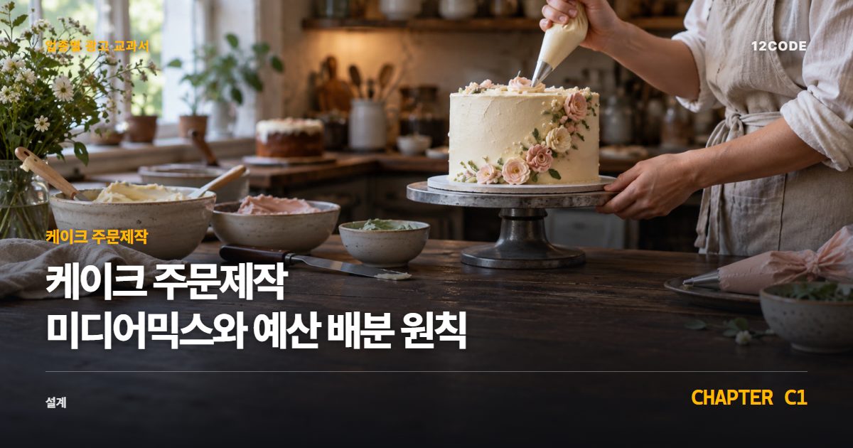 케이크 주문제작 업종별 광고 교과서 C1장, 미디어믹스와 예산 배분 원칙을 안내하는 표지 이미지
