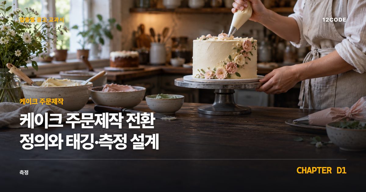 케이크 주문제작 업종별 광고 교과서 D1장, 전환 정의와 태깅·측정 설계을 안내하는 표지 이미지