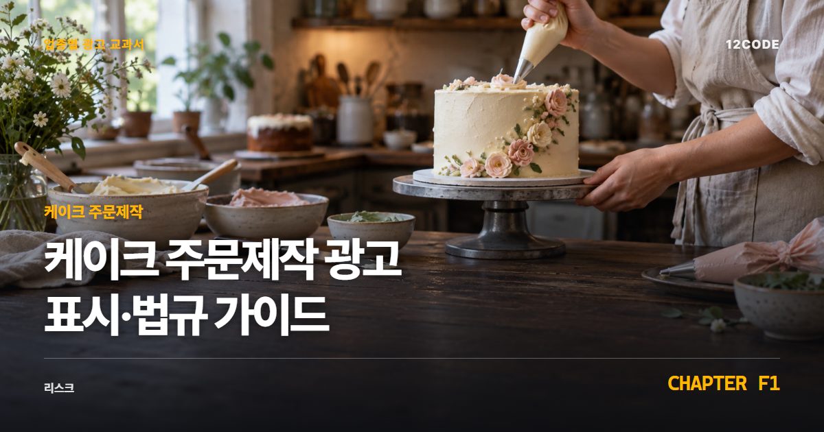 케이크 주문제작 업종별 광고 교과서 F1장, 광고 표시·법규 가이드을 안내하는 표지 이미지