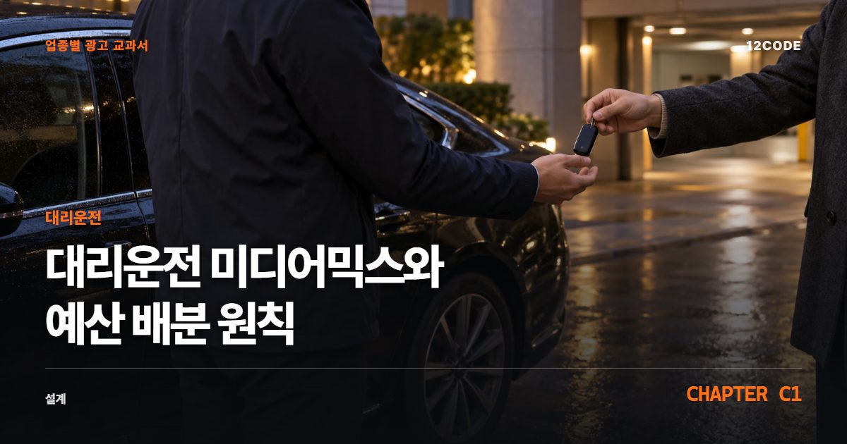 대리운전 업종별 광고 교과서 C1장, 미디어믹스와 예산 배분 원칙을 안내하는 표지 이미지