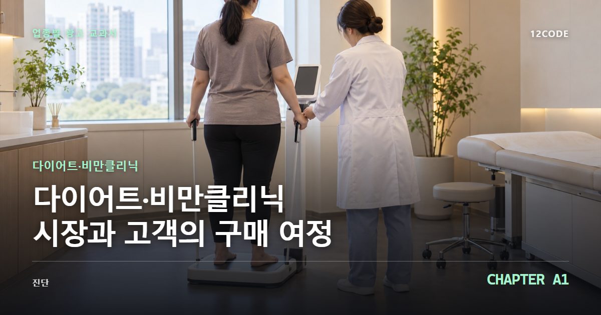 다이어트·비만클리닉 업종별 광고 교과서 A1장, 시장과 고객의 구매 여정을 안내하는 표지 이미지