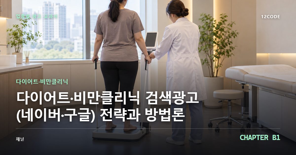 다이어트·비만클리닉 업종별 광고 교과서 B1장, 검색광고(네이버·구글) 전략과 방법론을 안내하는 표지 이미지