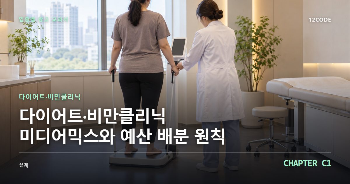 다이어트·비만클리닉 업종별 광고 교과서 C1장, 미디어믹스와 예산 배분 원칙을 안내하는 표지 이미지