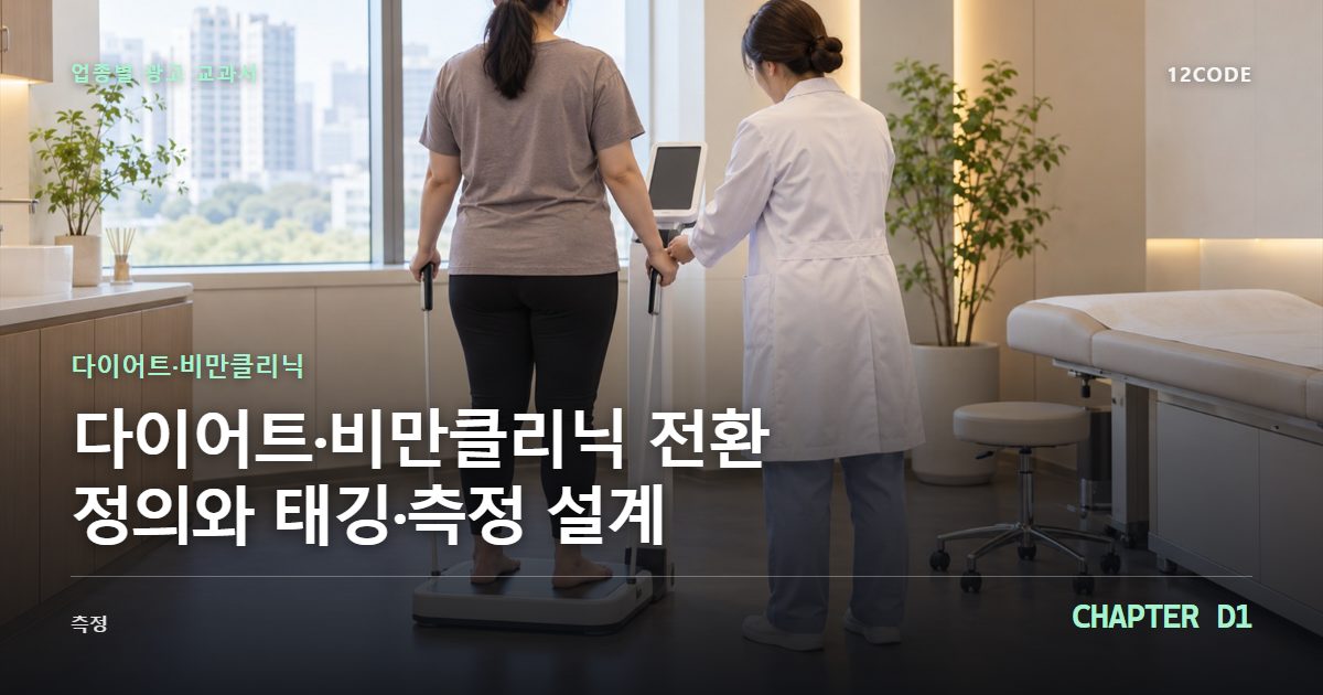 다이어트·비만클리닉 업종별 광고 교과서 D1장, 전환 정의와 태깅·측정 설계을 안내하는 표지 이미지