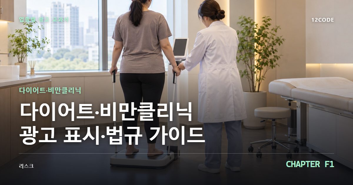 다이어트·비만클리닉 업종별 광고 교과서 F1장, 광고 표시·법규 가이드을 안내하는 표지 이미지