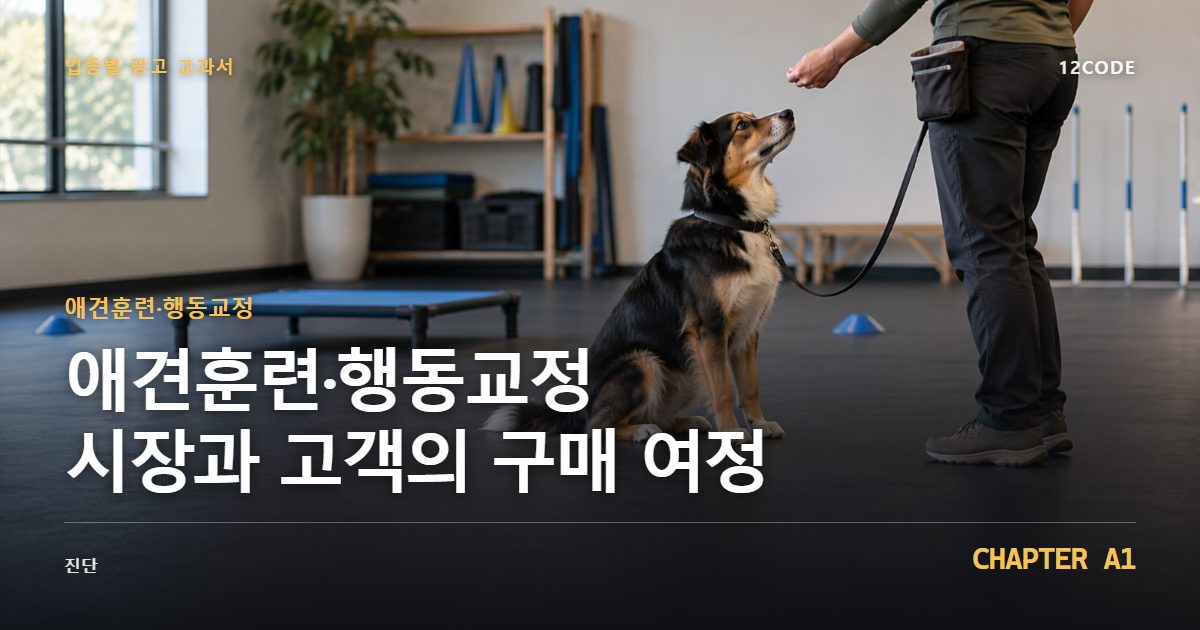애견훈련·행동교정 업종별 광고 교과서 A1장, 시장과 고객의 구매 여정을 안내하는 표지 이미지