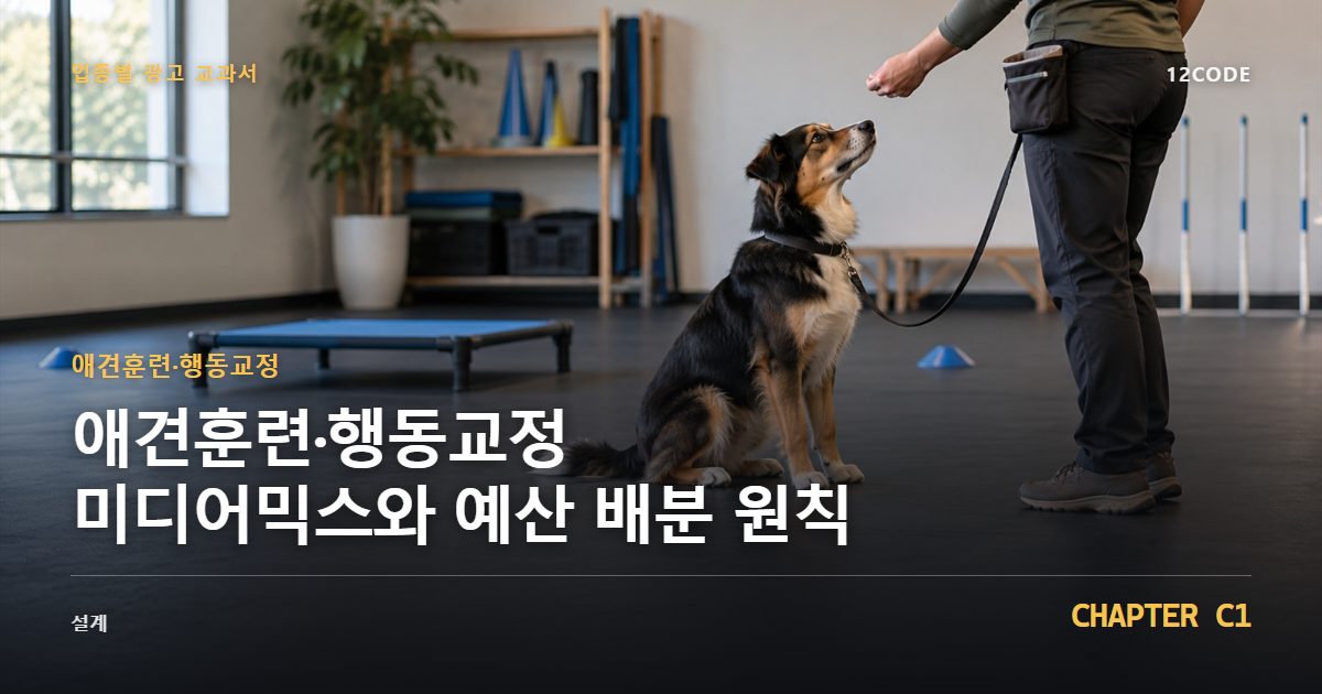 애견훈련·행동교정 업종별 광고 교과서 C1장, 미디어믹스와 예산 배분 원칙을 안내하는 표지 이미지