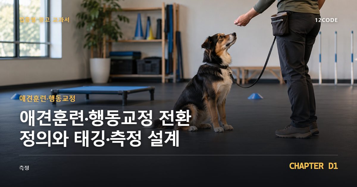 애견훈련·행동교정 업종별 광고 교과서 D1장, 전환 정의와 태깅·측정 설계을 안내하는 표지 이미지