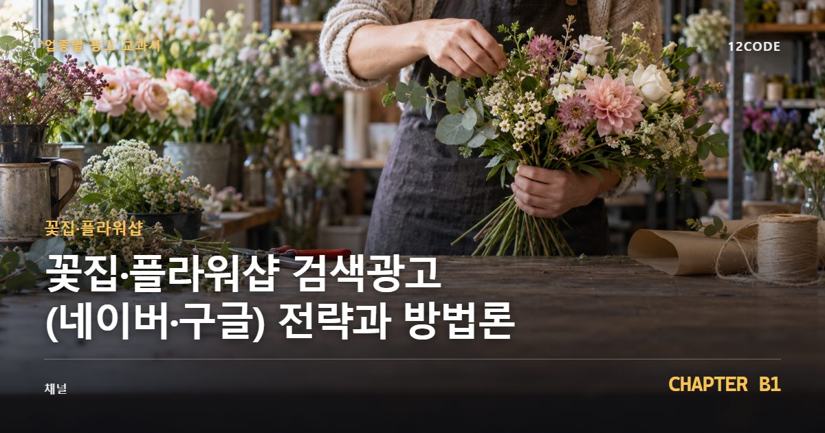 꽃집·플라워샵 업종별 광고 교과서 B1장, 검색광고(네이버·구글) 전략과 방법론을 안내하는 표지 이미지