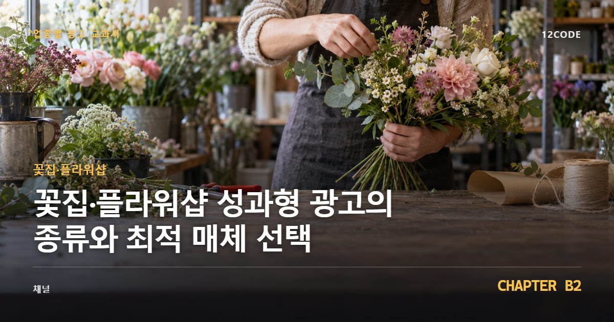 꽃집·플라워샵 업종별 광고 교과서 B2장, 성과형 광고의 종류와 최적 매체 선택을 안내하는 표지 이미지