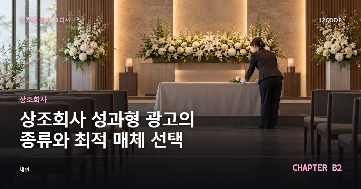 상조회사 업종별 광고 교과서 B2장, 성과형 광고의 종류와 최적 매체 선택을 안내하는 표지 이미지