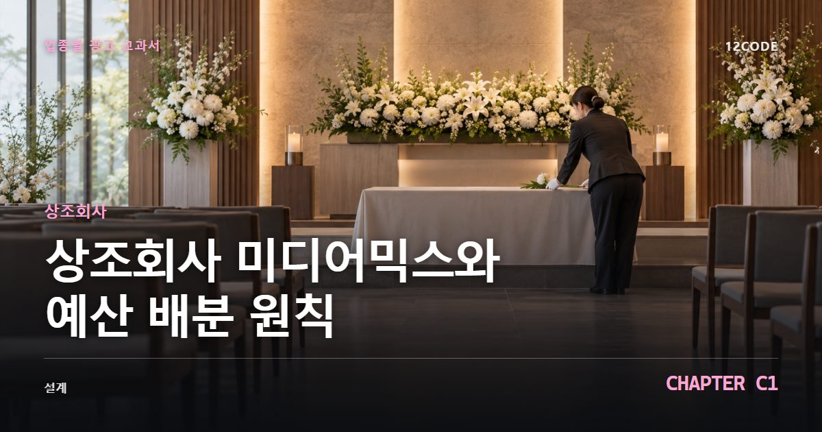 상조회사 업종별 광고 교과서 C1장, 미디어믹스와 예산 배분 원칙을 안내하는 표지 이미지