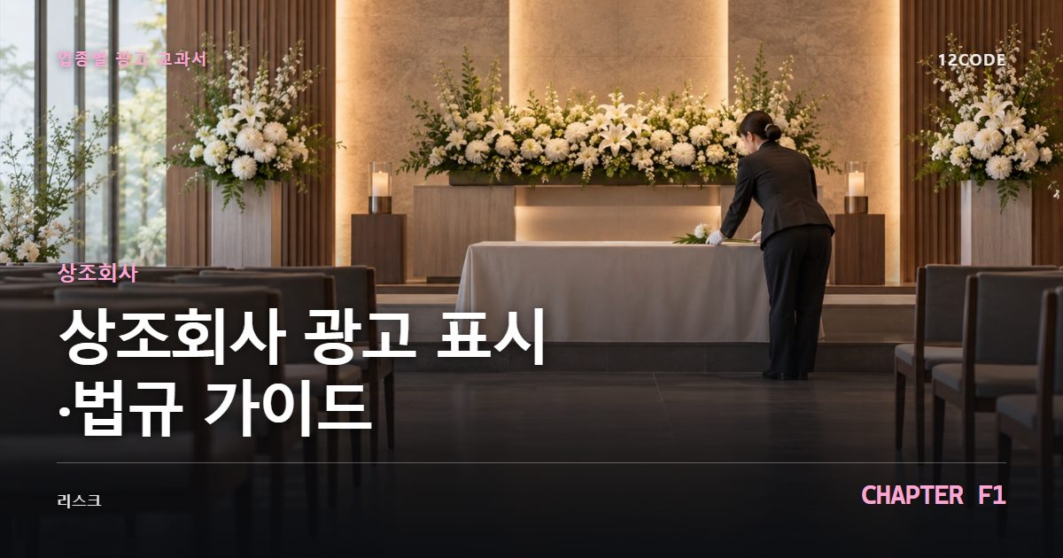 상조회사 업종별 광고 교과서 F1장, 광고 표시·법규 가이드을 안내하는 표지 이미지
