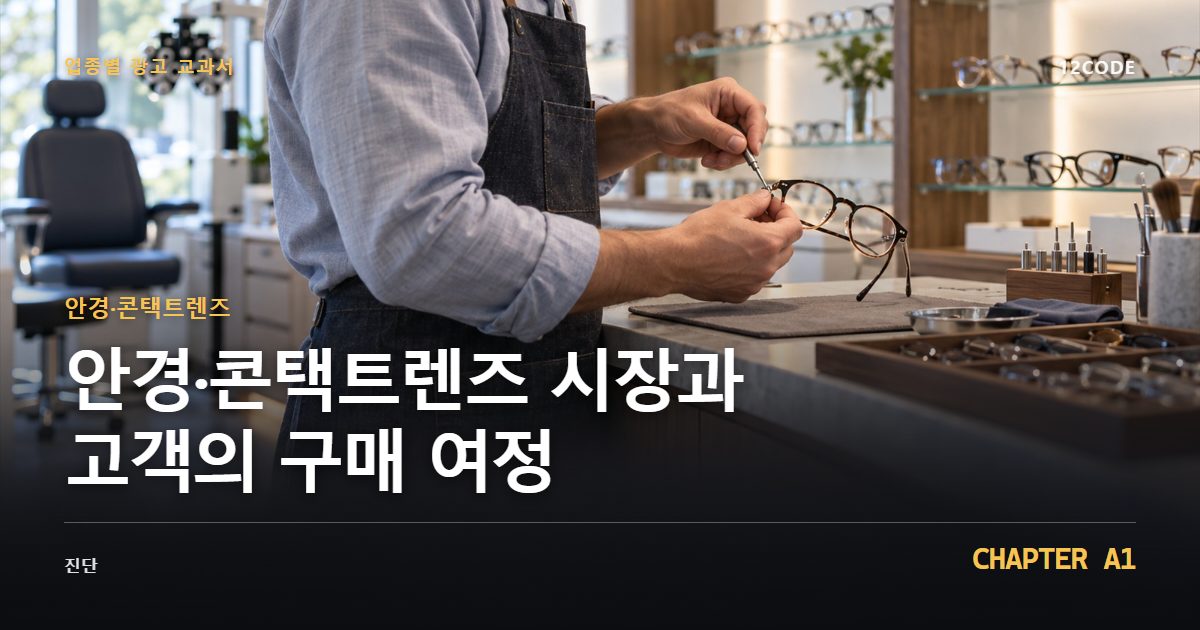 안경·콘택트렌즈 업종별 광고 교과서 A1장, 시장과 고객의 구매 여정을 안내하는 표지 이미지