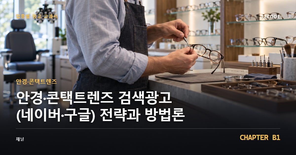 안경·콘택트렌즈 업종별 광고 교과서 B1장, 검색광고(네이버·구글) 전략과 방법론을 안내하는 표지 이미지