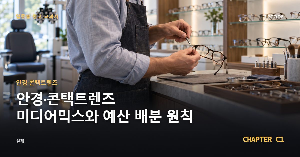 안경·콘택트렌즈 업종별 광고 교과서 C1장, 미디어믹스와 예산 배분 원칙을 안내하는 표지 이미지