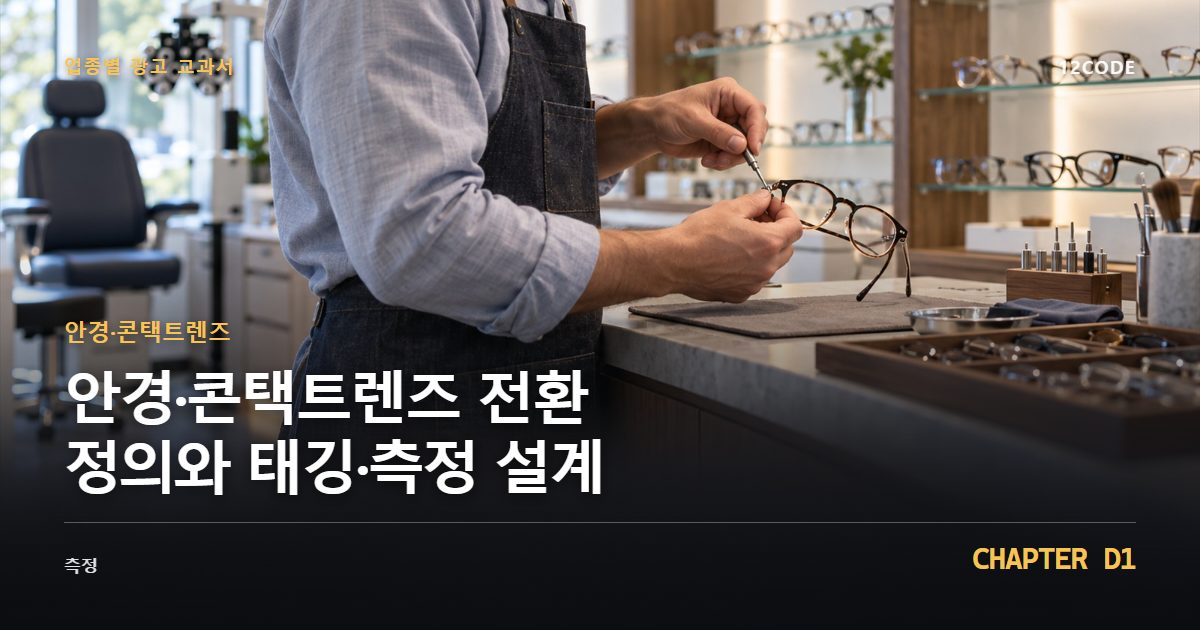 안경·콘택트렌즈 업종별 광고 교과서 D1장, 전환 정의와 태깅·측정 설계을 안내하는 표지 이미지