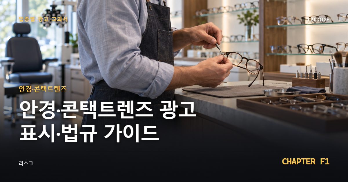 안경·콘택트렌즈 업종별 광고 교과서 F1장, 광고 표시·법규 가이드을 안내하는 표지 이미지