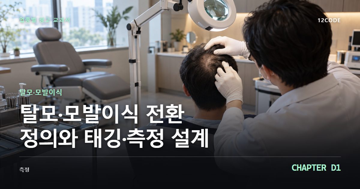 탈모·모발이식 업종별 광고 교과서 D1장, 전환 정의와 태깅·측정 설계을 안내하는 표지 이미지