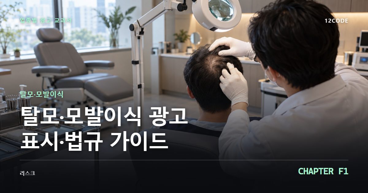 탈모·모발이식 업종별 광고 교과서 F1장, 광고 표시·법규 가이드을 안내하는 표지 이미지