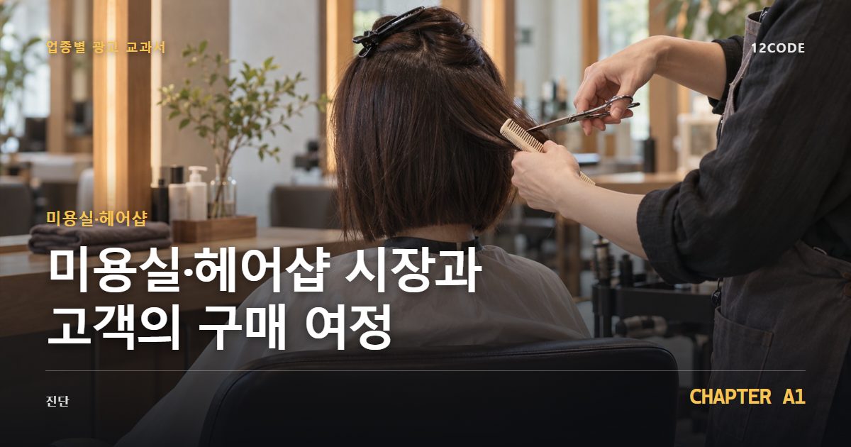 미용실·헤어샵 업종별 광고 교과서 A1장, 시장과 고객의 구매 여정을 안내하는 표지 이미지