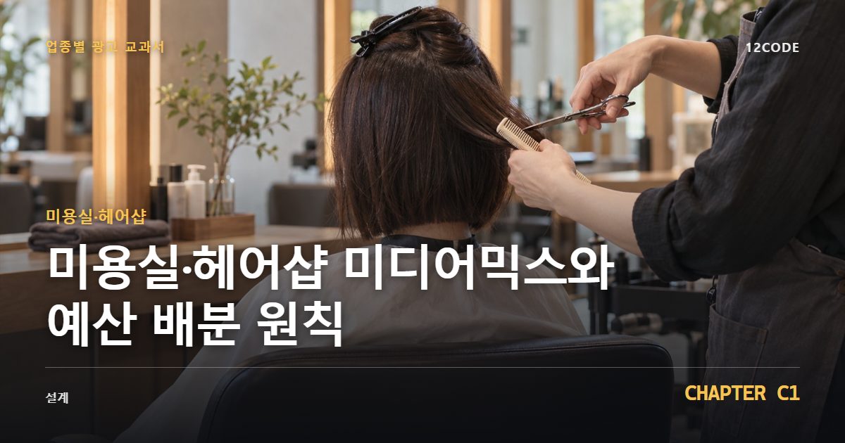 미용실·헤어샵 업종별 광고 교과서 C1장, 미디어믹스와 예산 배분 원칙을 안내하는 표지 이미지