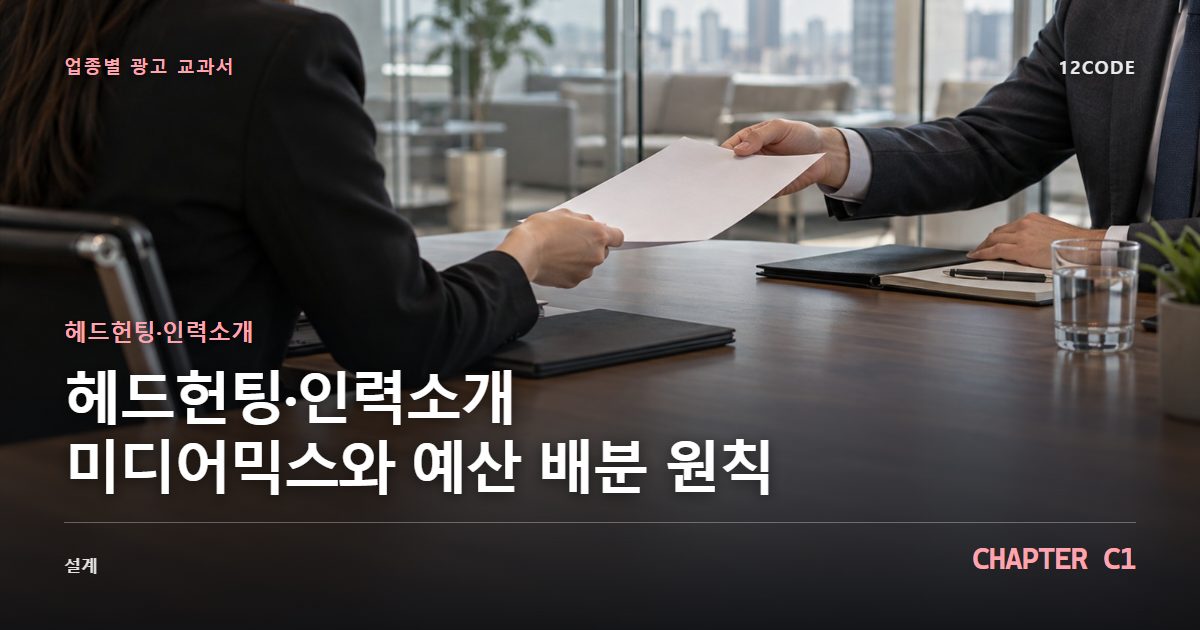 헤드헌팅·인력소개 업종별 광고 교과서 C1장, 미디어믹스와 예산 배분 원칙을 안내하는 표지 이미지