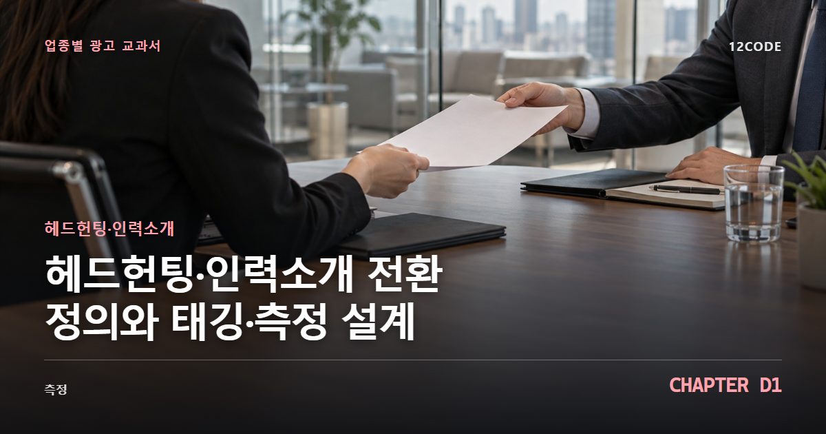 헤드헌팅·인력소개 업종별 광고 교과서 D1장, 전환 정의와 태깅·측정 설계을 안내하는 표지 이미지