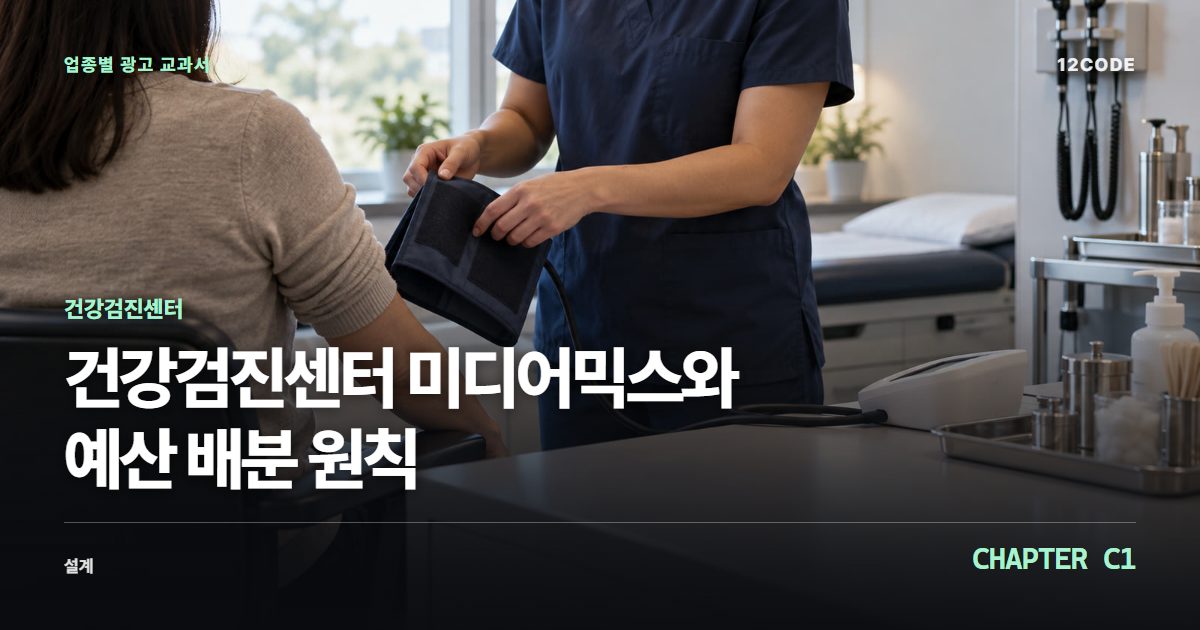 건강검진센터 업종별 광고 교과서 C1장, 미디어믹스와 예산 배분 원칙을 안내하는 표지 이미지