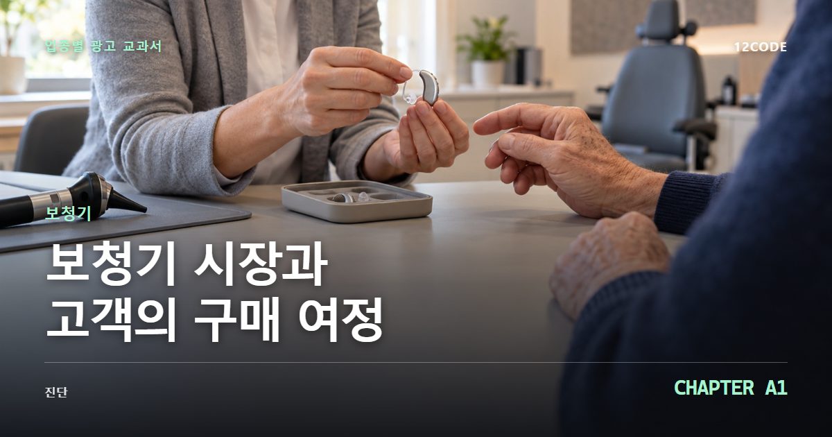 보청기 업종별 광고 교과서 A1장, 시장과 고객의 구매 여정을 안내하는 표지 이미지