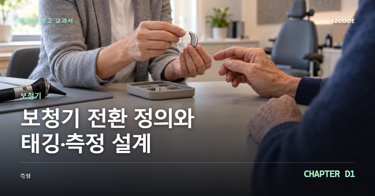 보청기 업종별 광고 교과서 D1장, 전환 정의와 태깅·측정 설계을 안내하는 표지 이미지