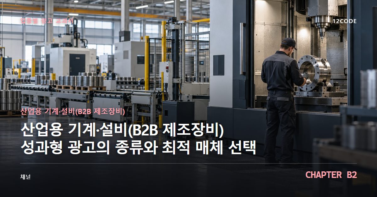 산업용 기계·설비(B2B 제조장비) 업종별 광고 교과서 B2장, 성과형 광고의 종류와 최적 매체 선택을 안내하는 표지 이미지