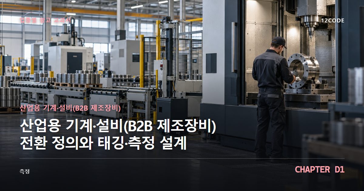 산업용 기계·설비(B2B 제조장비) 업종별 광고 교과서 D1장, 전환 정의와 태깅·측정 설계을 안내하는 표지 이미지