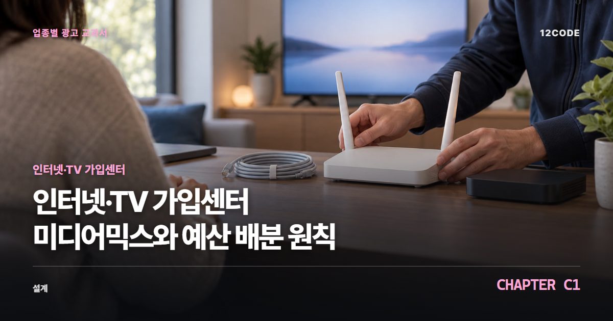 인터넷·TV 가입센터 업종별 광고 교과서 C1장, 미디어믹스와 예산 배분 원칙을 안내하는 표지 이미지