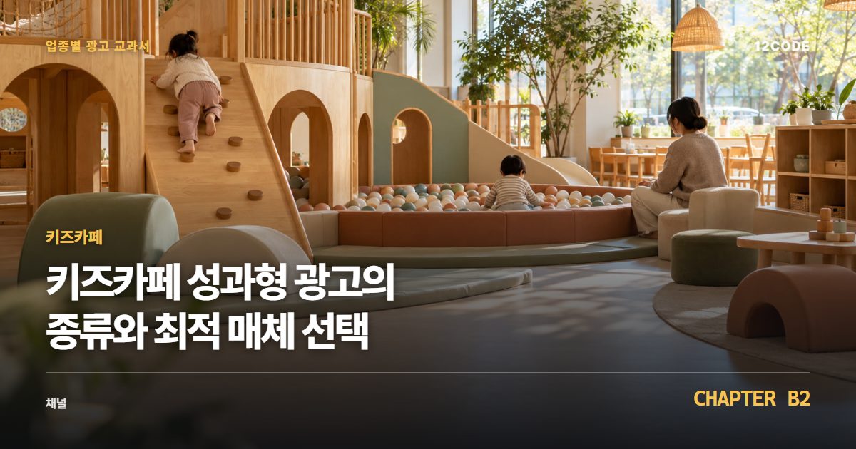키즈카페 업종별 광고 교과서 B2장, 성과형 광고의 종류와 최적 매체 선택을 안내하는 표지 이미지