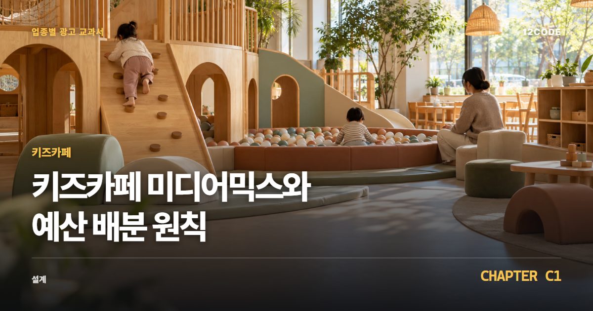 키즈카페 업종별 광고 교과서 C1장, 미디어믹스와 예산 배분 원칙을 안내하는 표지 이미지